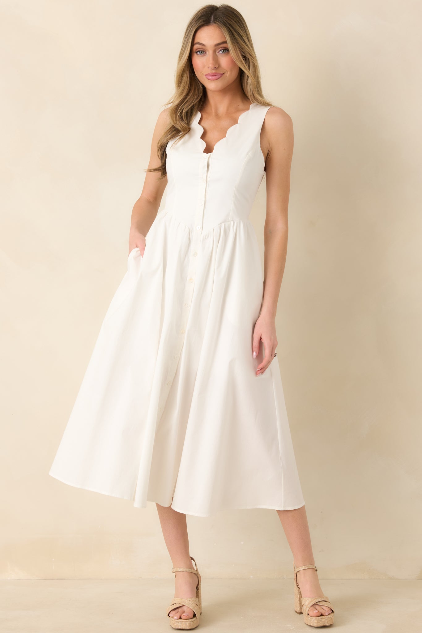 The High Life White Cotton Scalloped V-Neck Midi Dress