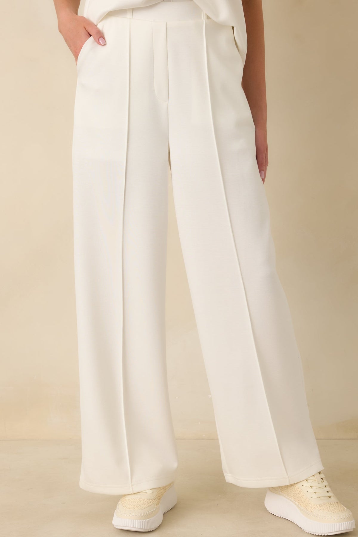 Ready to Jet Cloud White Knit High-Waisted Wide-Leg Pants