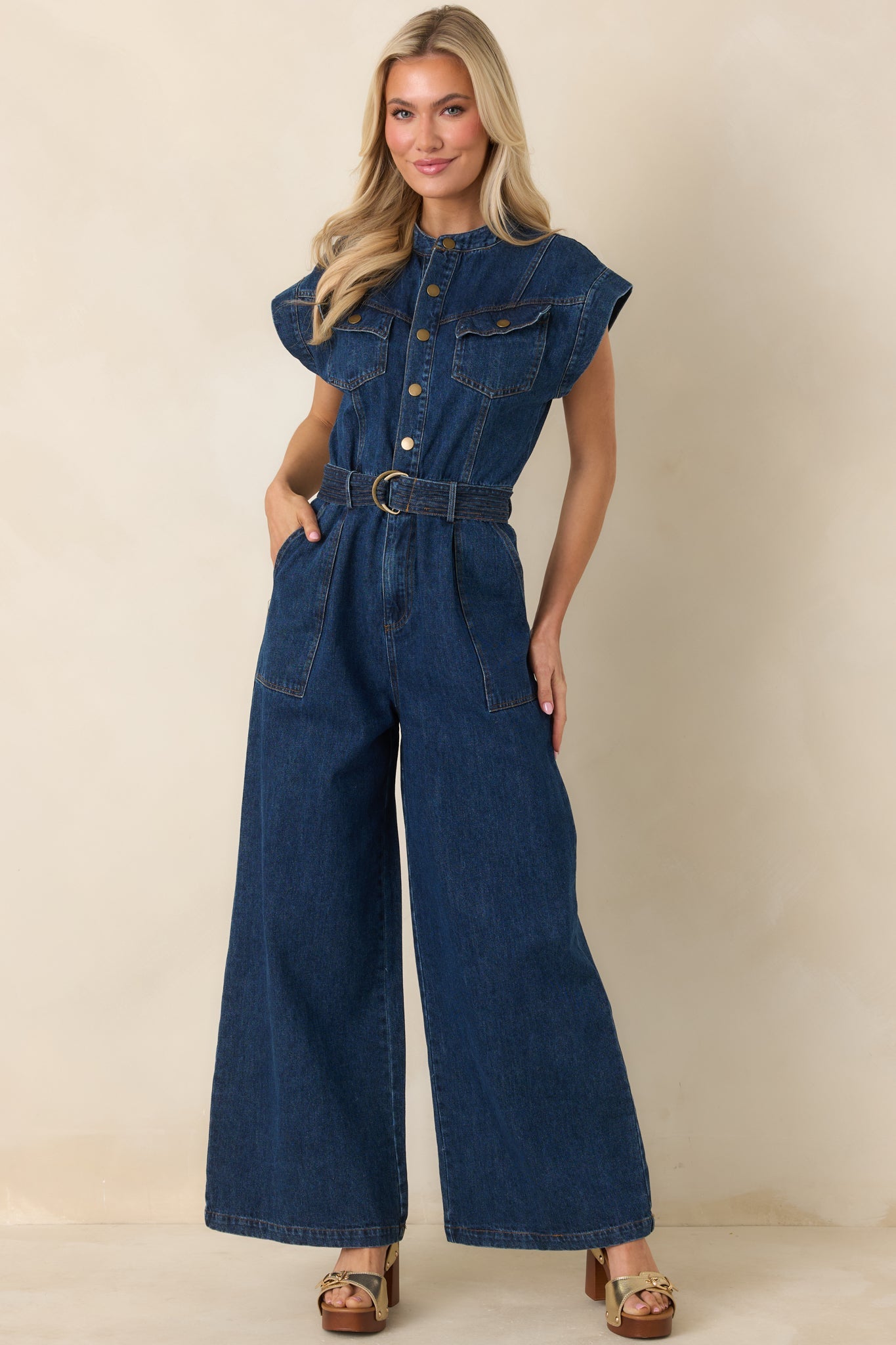 In the Fun Way Dark Wash Cotton Denim Belted Jumpsuit