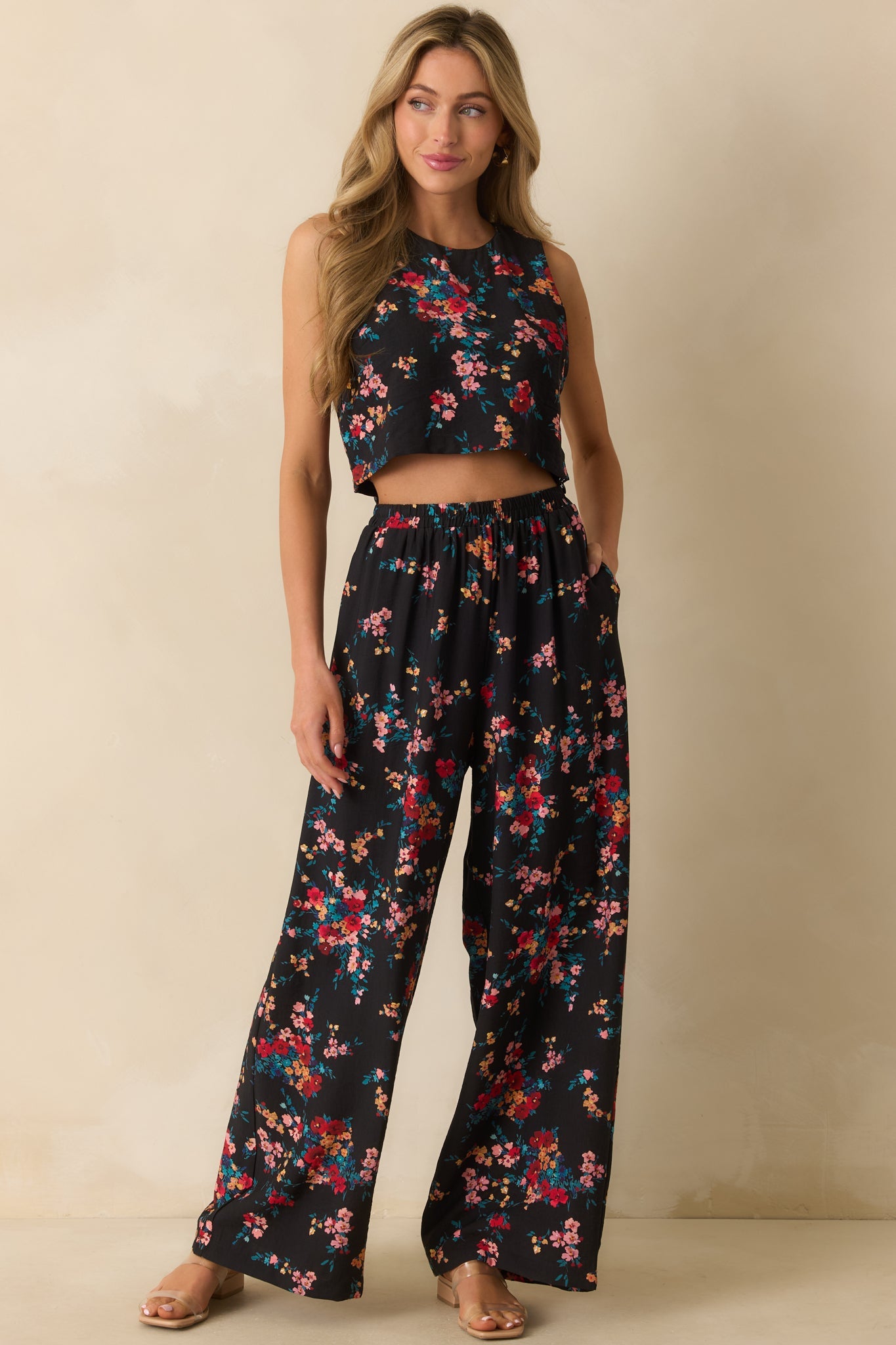 Wander and Bloom Black Multi Floral Print Wide Leg Pants