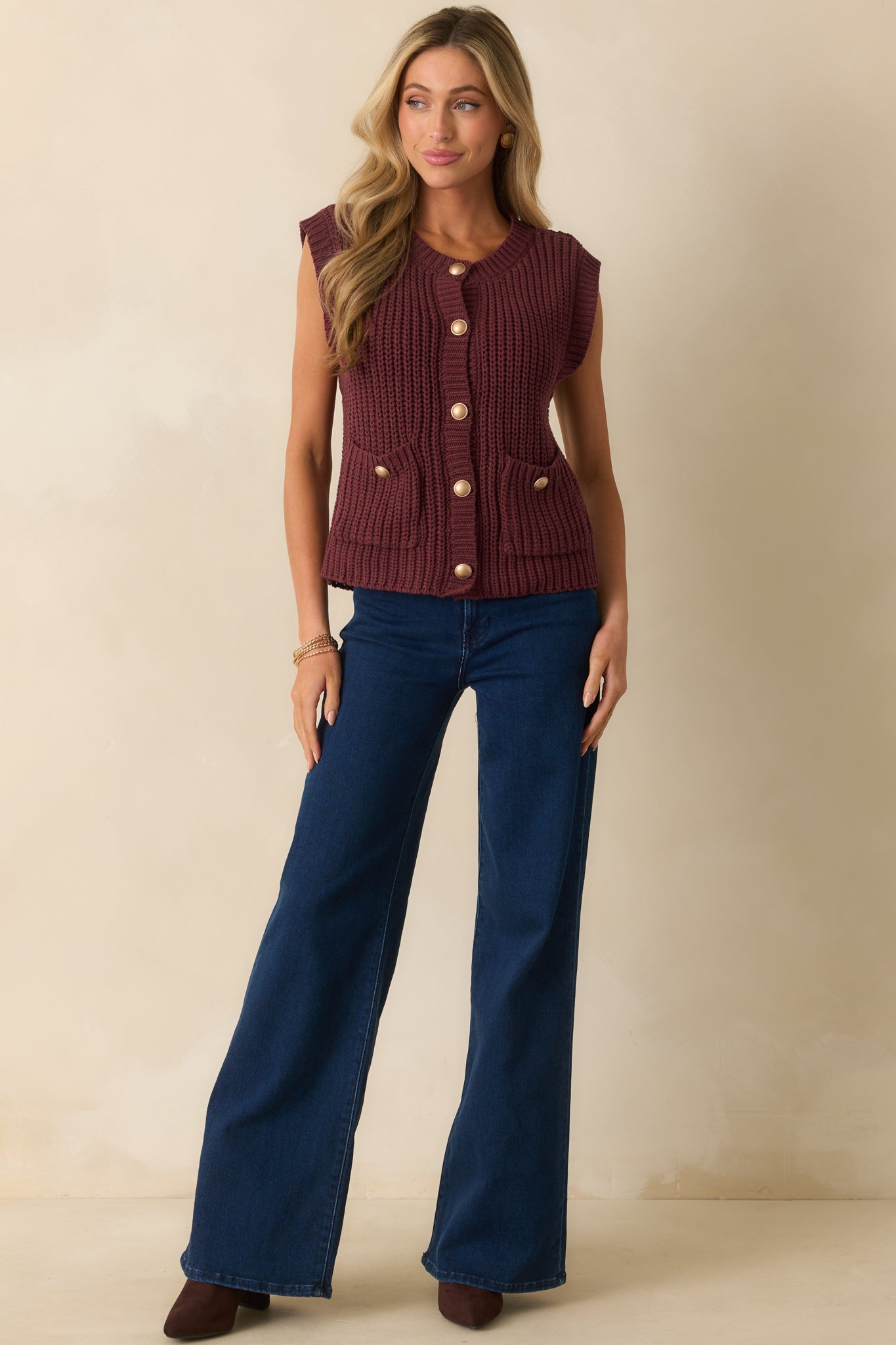 What You Came For Wine Red Ribbed Knit Button Up Sweater Vest