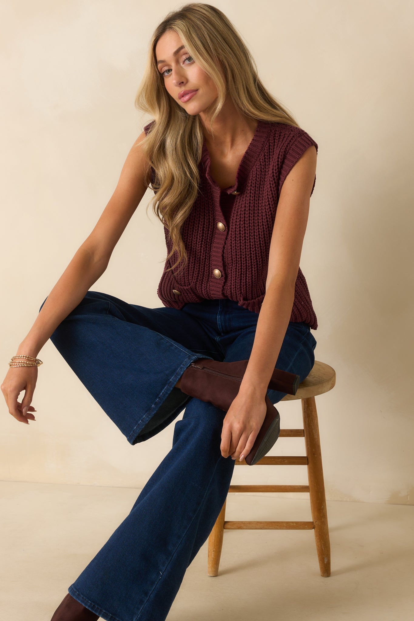 What You Came For Wine Red Ribbed Knit Button Up Sweater Vest