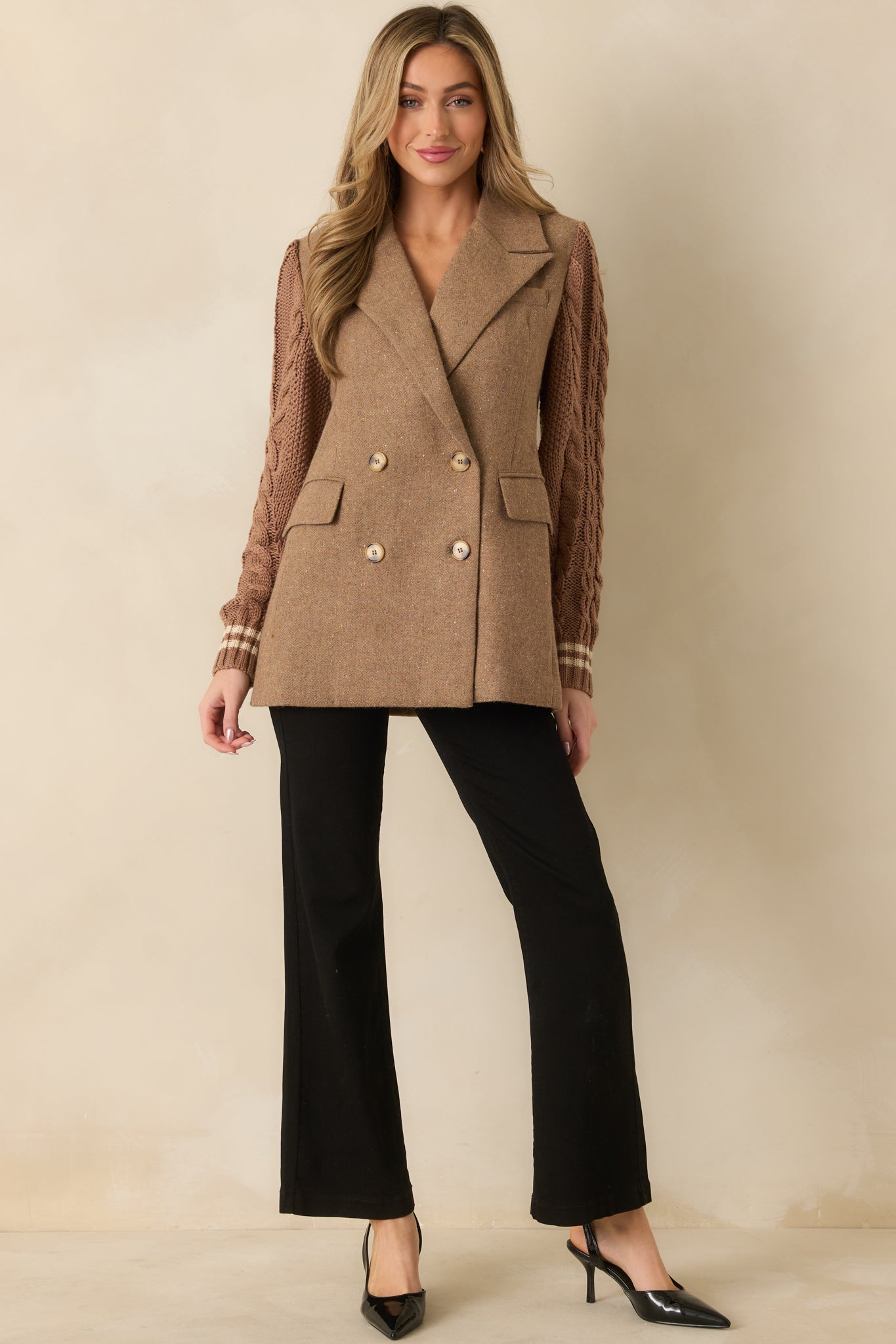 Well Suited Camel Wool Blend Knit Sweater Sleeve Blazer