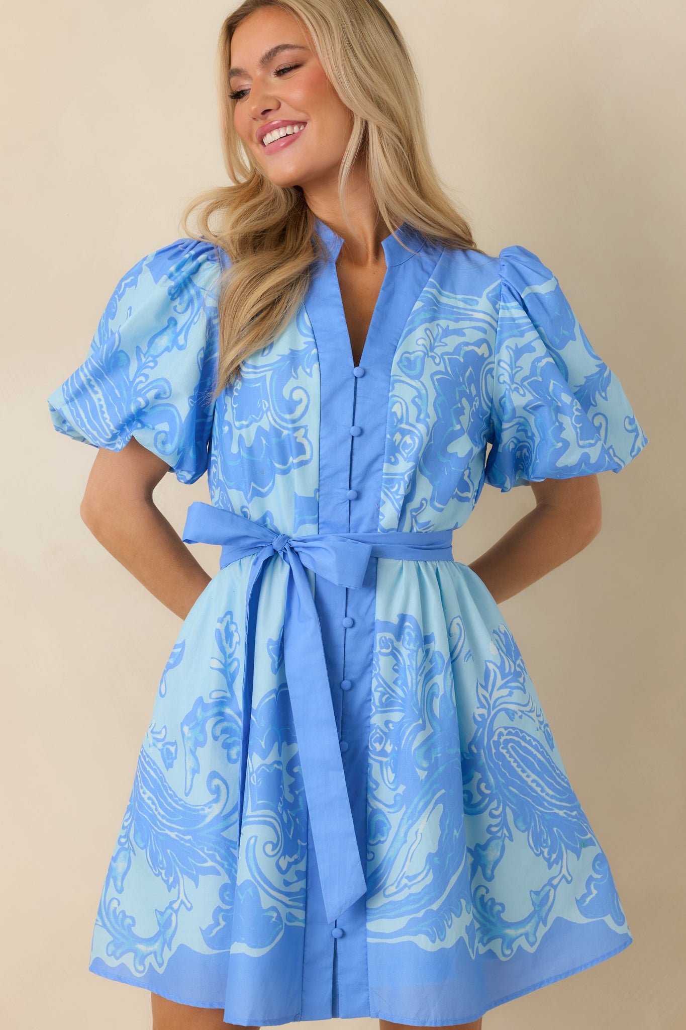 Something in the Air Blue Cotton Paisley Belted V-Neck Mini Dress