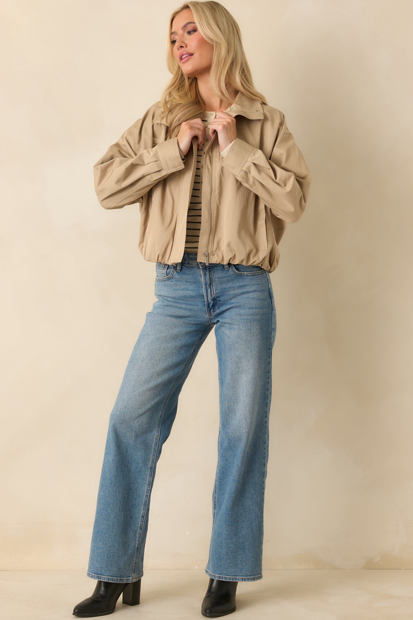 Smooth Finish Khaki Zip Up Bomber Jacket