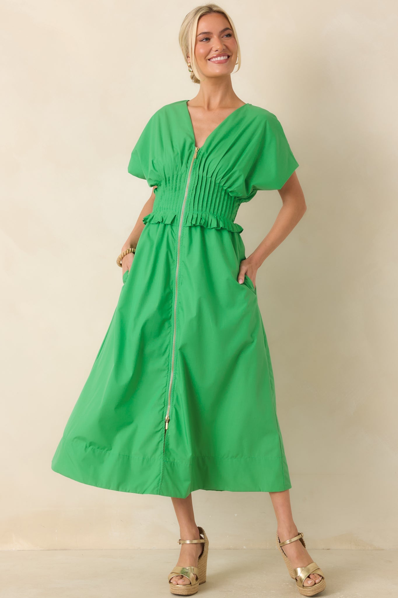 Let It Be Easy Kelly Green Smocked Waist Zip Maxi Dress