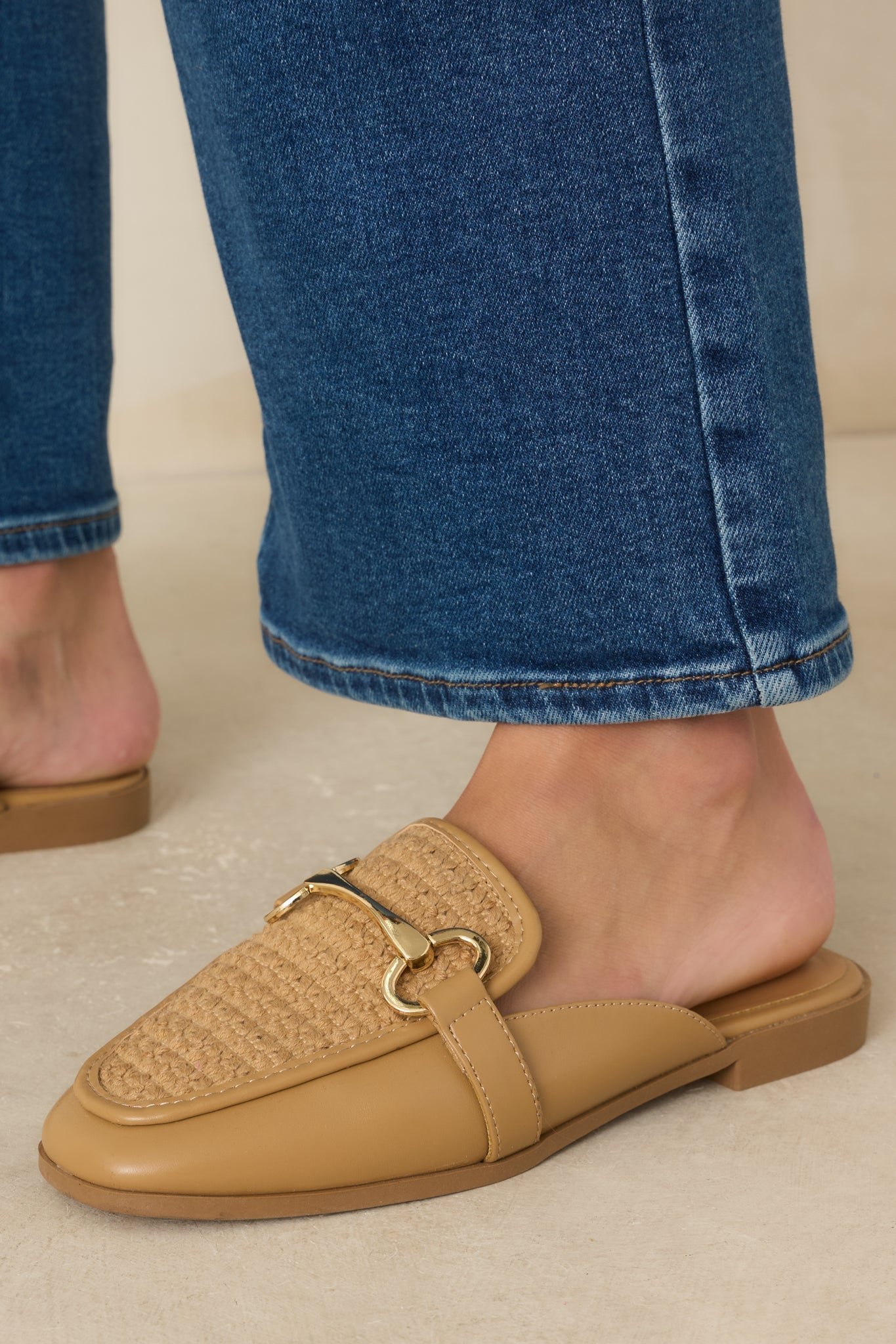 Easy Elegance Tan Woven Faux Leather Mule Loafers