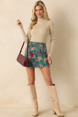Pretty Please Teal Green Floral Print Mini Skirt
