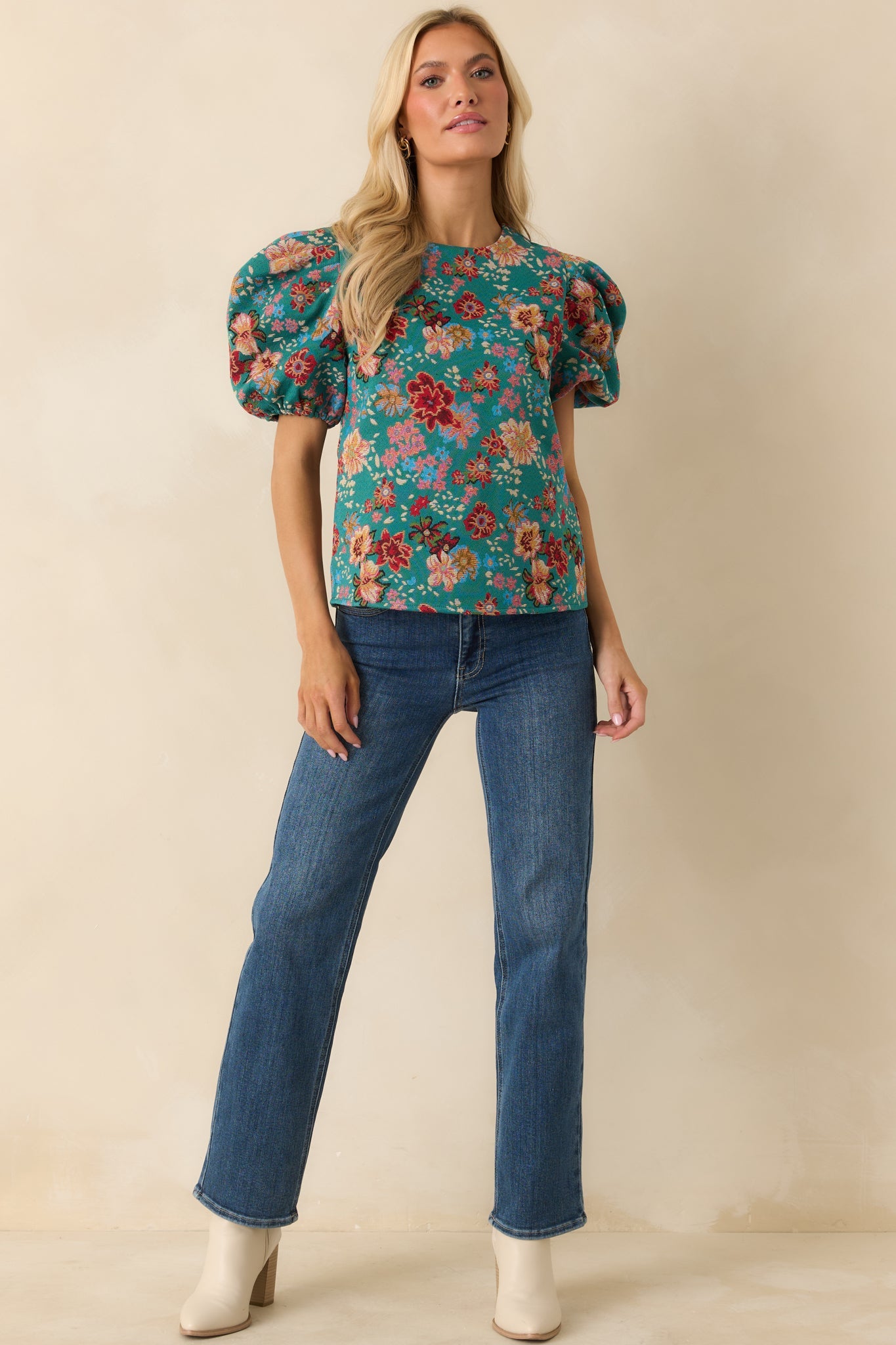 Pretty Please Teal Green Multi Floral Print Puff Sleeve Top