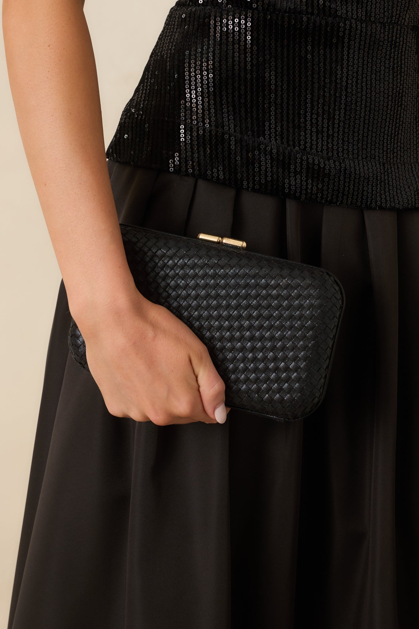 Truth Be Told Black Woven Structured Clutch Handbag