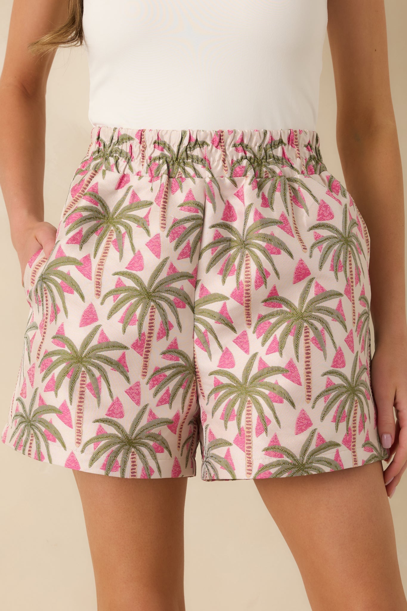 Palm Springs Picnic Pink Multi Jacquard Palm Tree High Waist Shorts