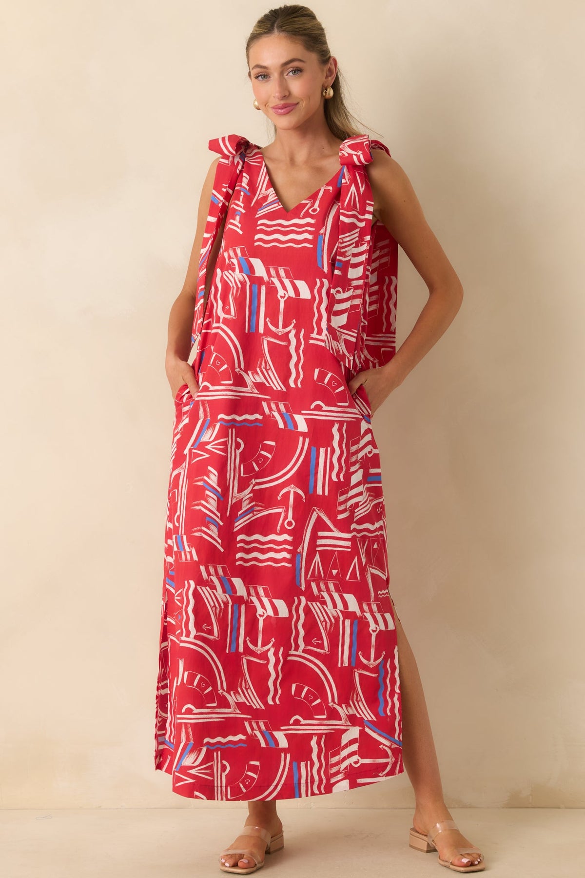 Prosperina Arden Red Multi Yacht Club Cotton Maxi Dress