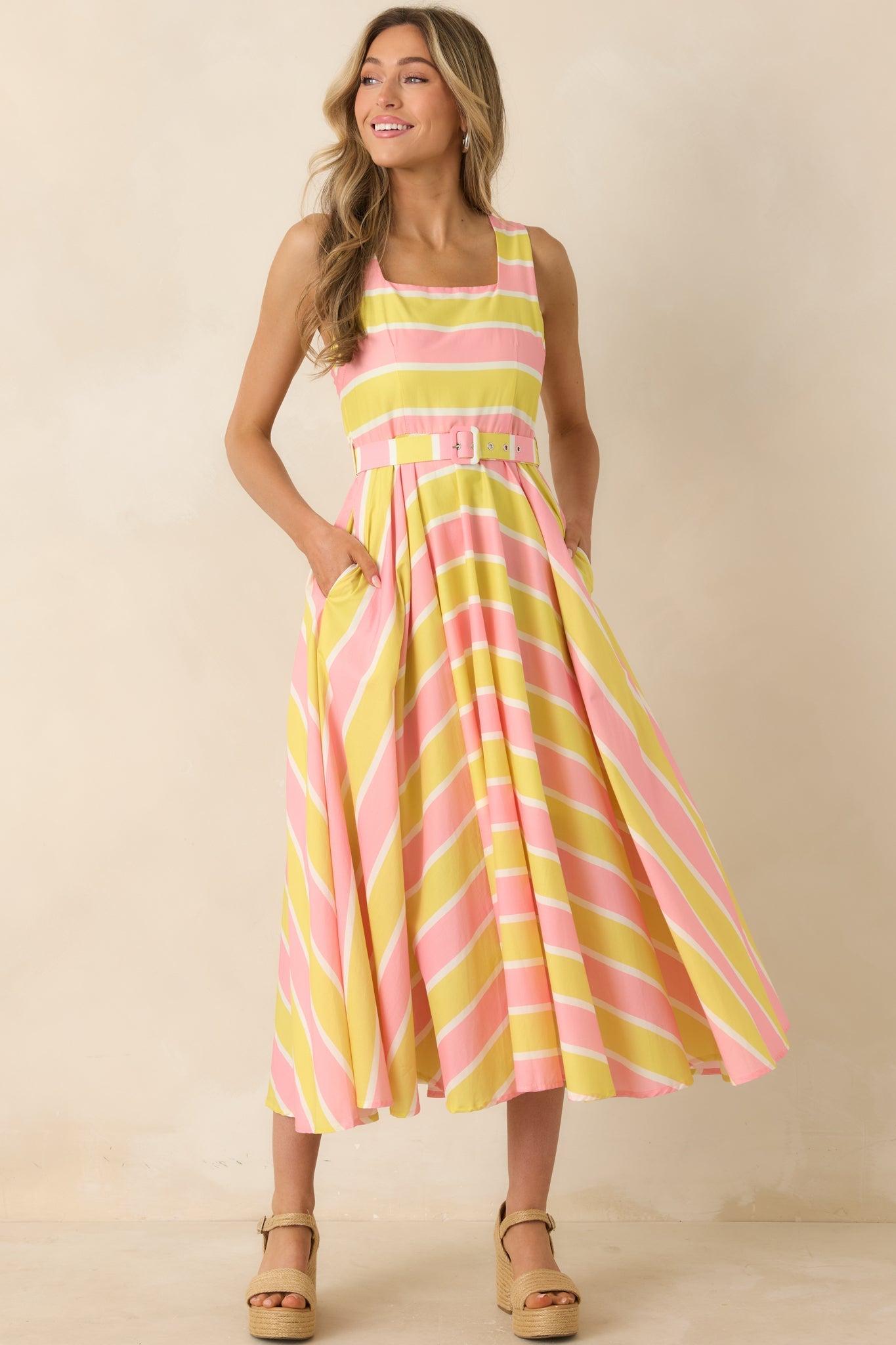 Sunbeam Days Yellow & Pink Stripe Cotton Belted Midi Dress