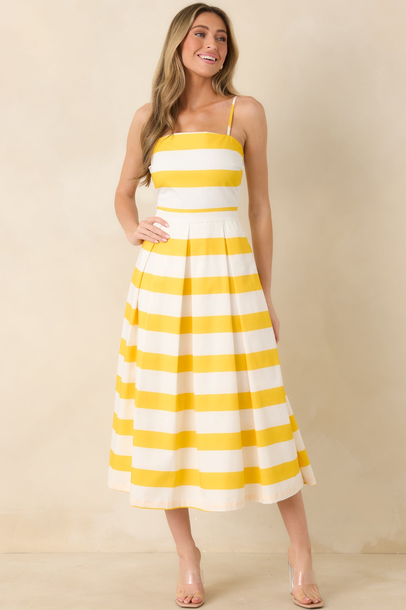 Couldn't Be Happier Yellow Stripe Cotton Sleeveless Midi Dress