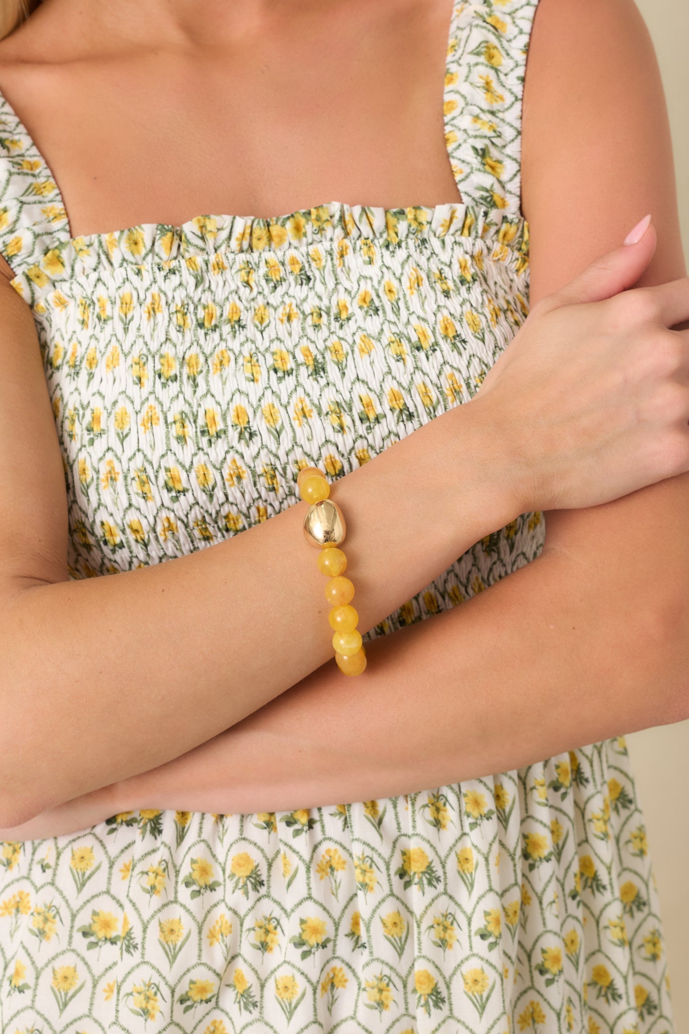 Always a Soft Spot Yellow Beaded Gold Accent Stretch Bracelet