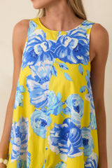 One Fine Day Yellow & Blue Cotton Floral Swing Dress