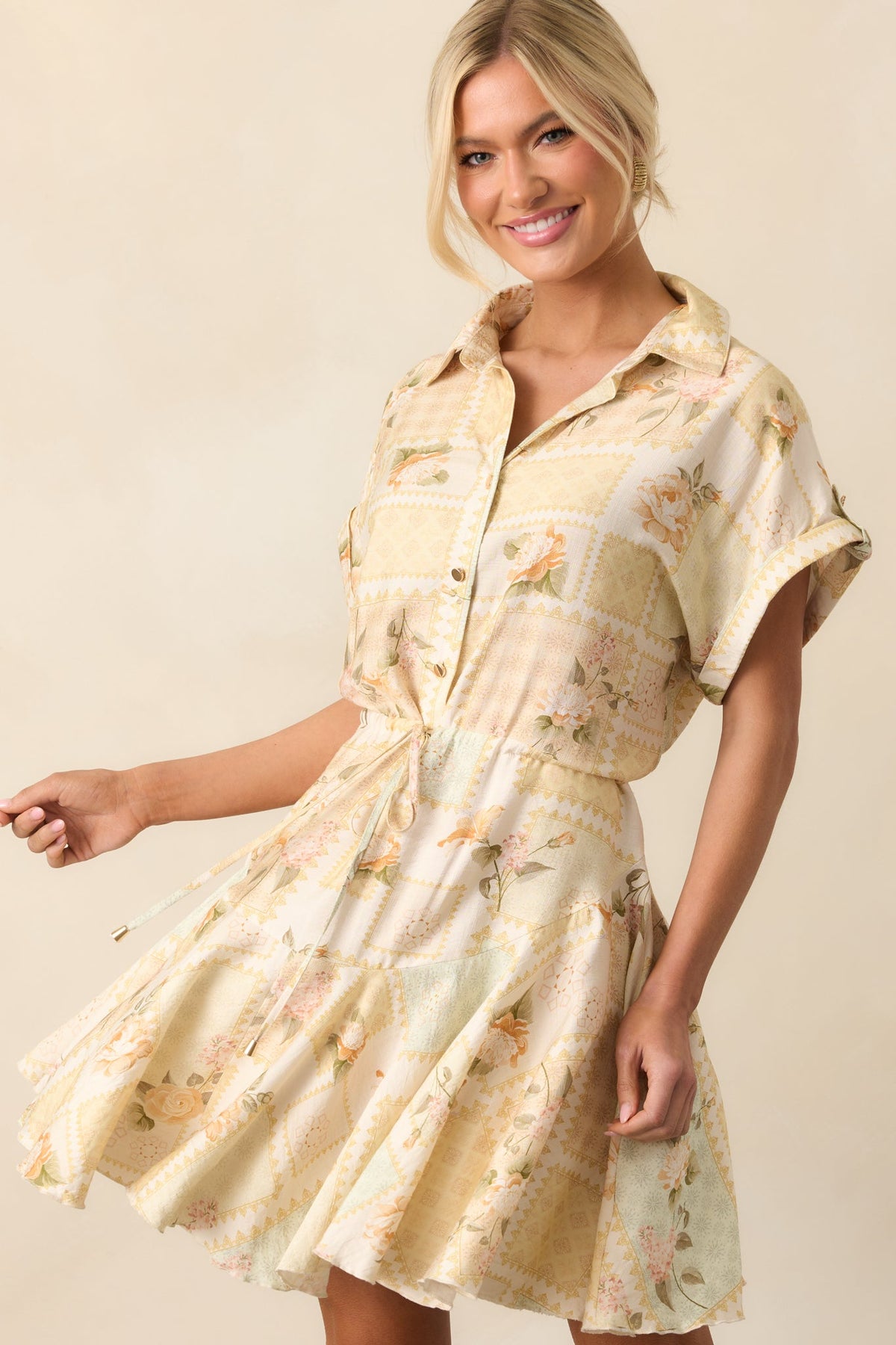 Made Me Smile Yellow Floral Patchwork Mini Dress