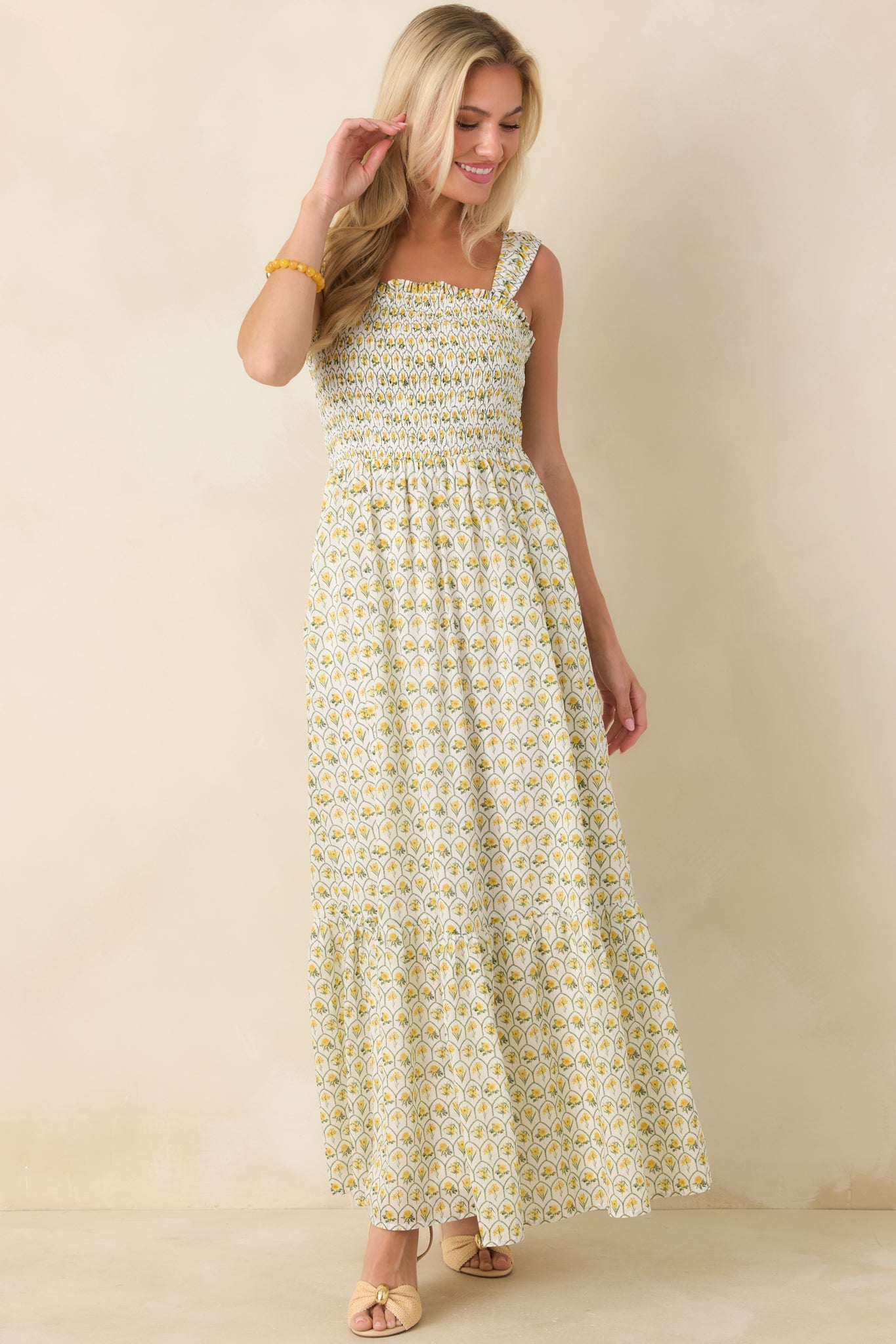 Pretty Unbothered Yellow Multi Floral Cotton Tiered Maxi Dress