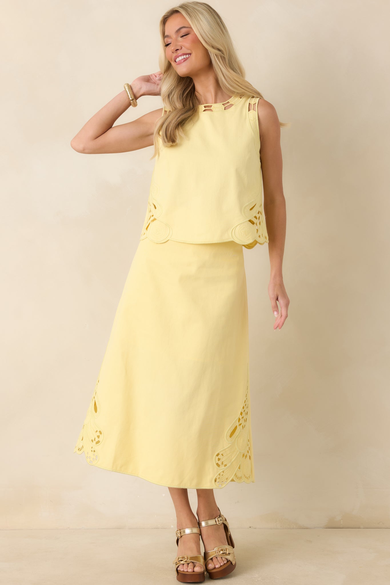 Just Imagine Yellow Cotton Cutwork Embroidery Midi Skirt