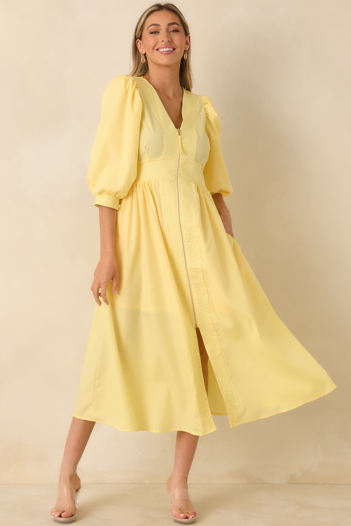 To Be Fair Daffodil Yellow Blouson Sleeve Zip Up Midi Dress