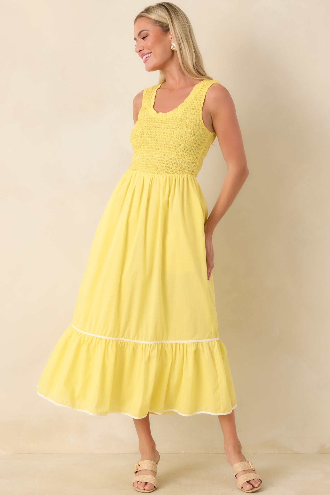Today's the Day Yellow Textured Cotton Tiered Midi Dress