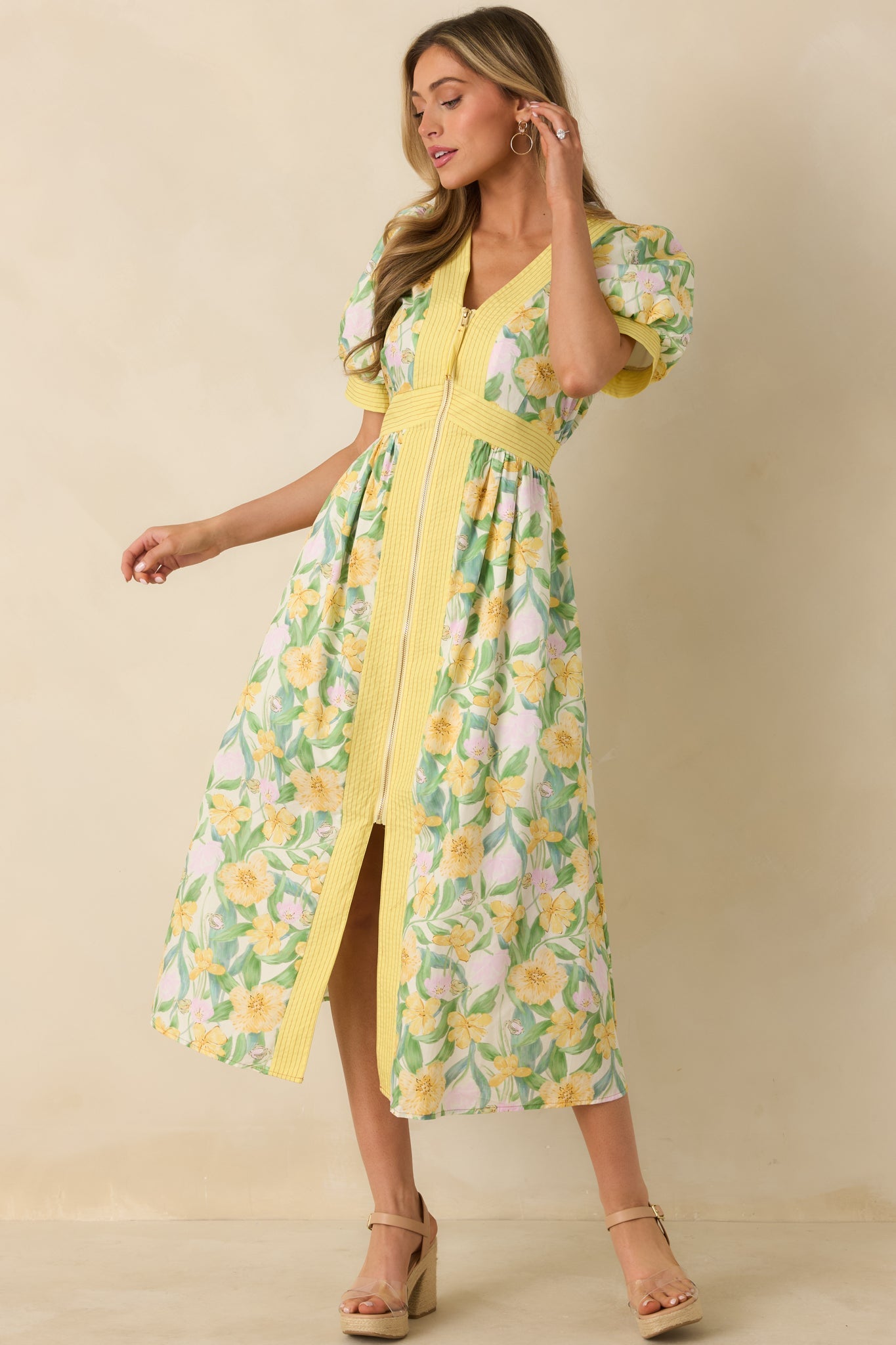 Color Me Floral Yellow Multi Floral Print Cotton Zip Front Midi Dress