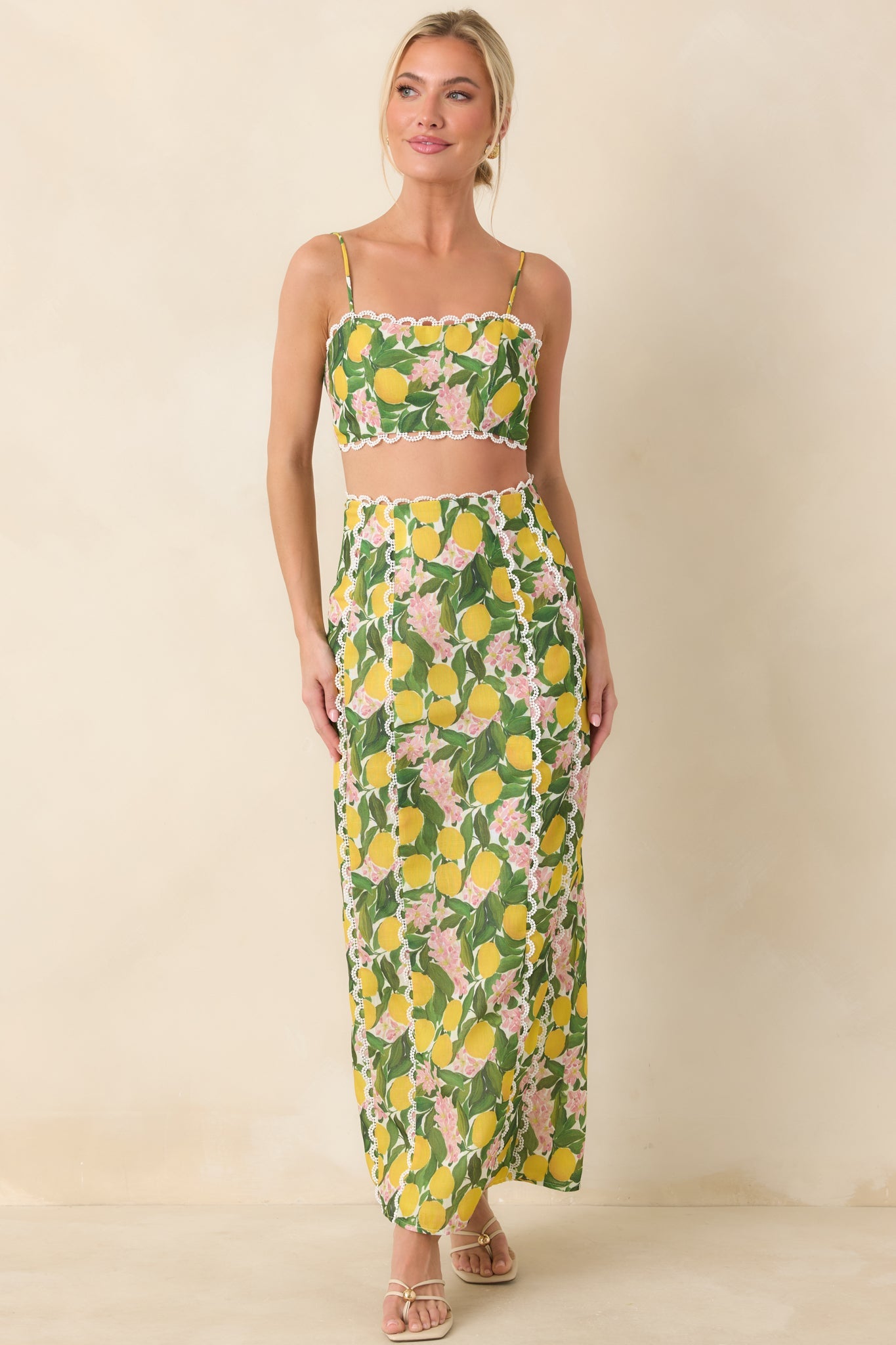 Sweetest in the Grove Yellow Multi Lemon Blossom Maxi Skirt