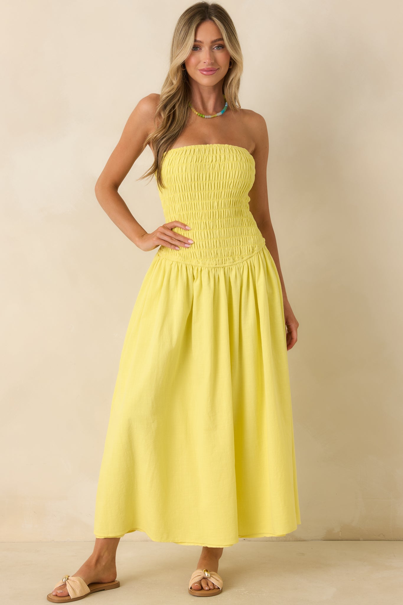 Stay Awhile Yellow Smocked Cotton Maxi Dress