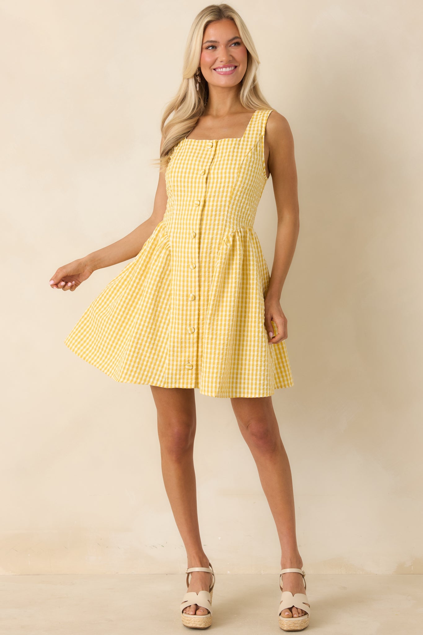 Caught in the Sunshine Yellow Gingham Sleeveless Mini Dress