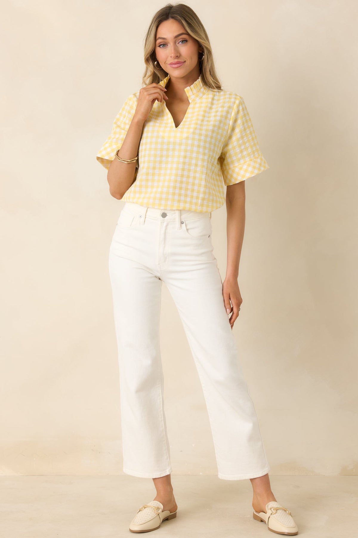 Plans in the Sunshine Yellow Gingham Cotton V-Neck Top