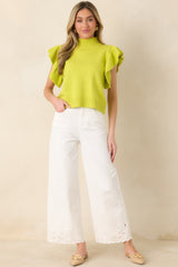 Watch Her Work Chartreuse Green Knit Flutter Sleeve Top