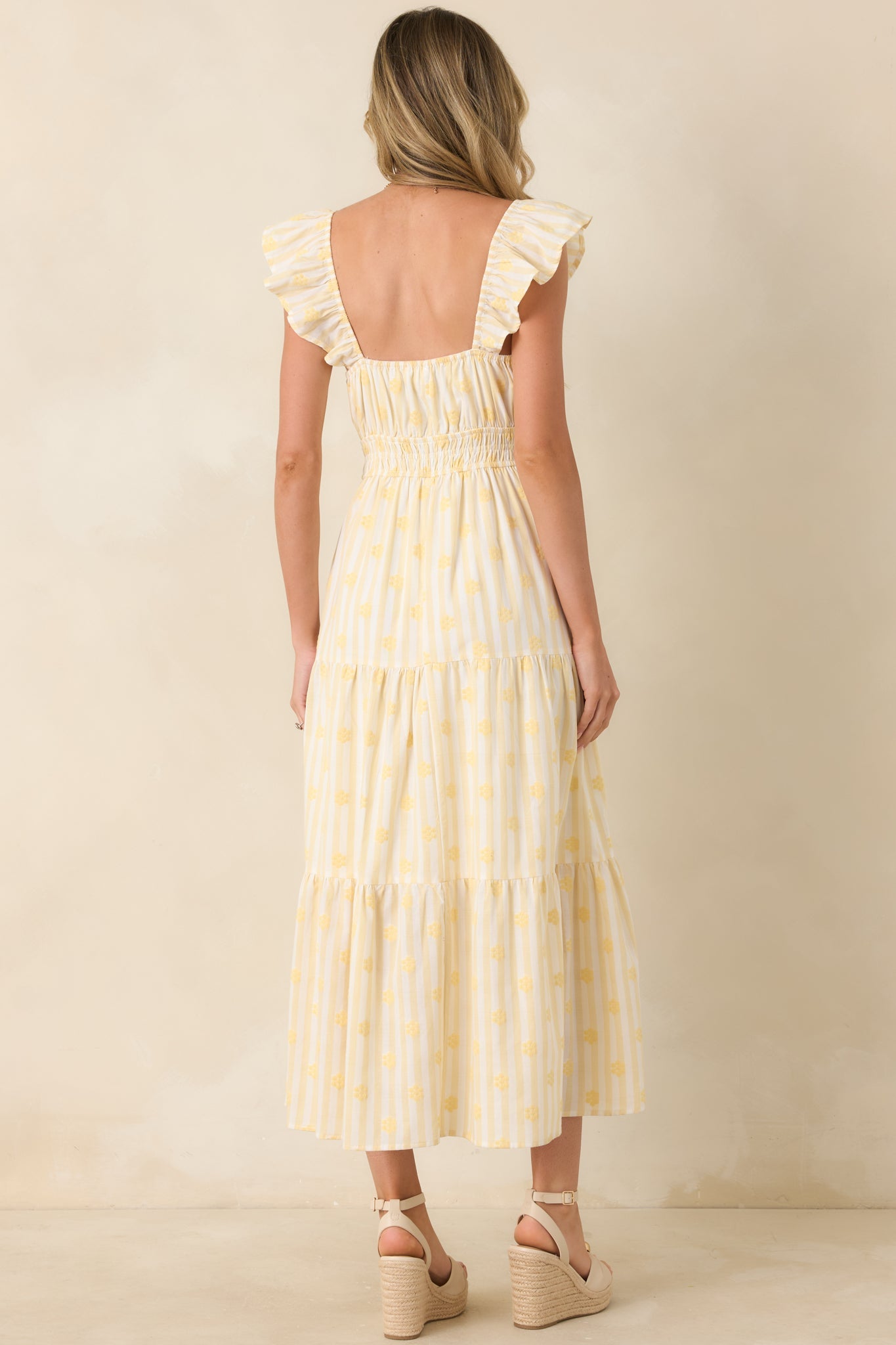 Meadow Mornings Yellow Stripe Floral Embroidered Cotton Maxi Dress