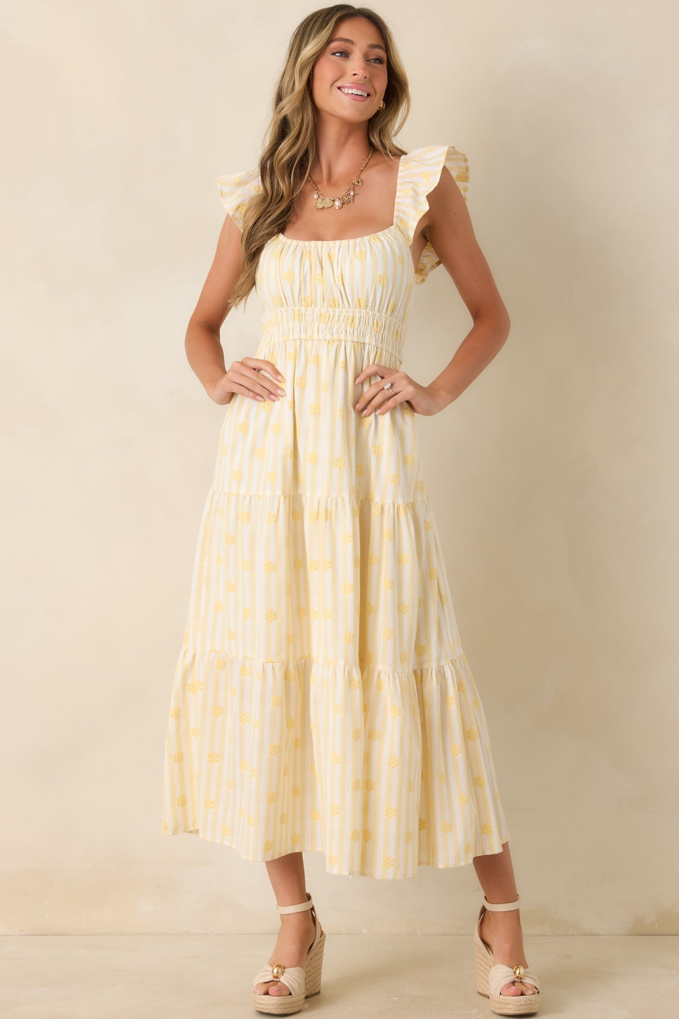 Meadow Mornings Yellow Stripe Floral Embroidered Cotton Maxi Dress