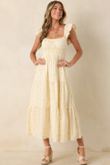 Meadow Mornings Yellow Stripe Floral Embroidered Cotton Maxi Dress