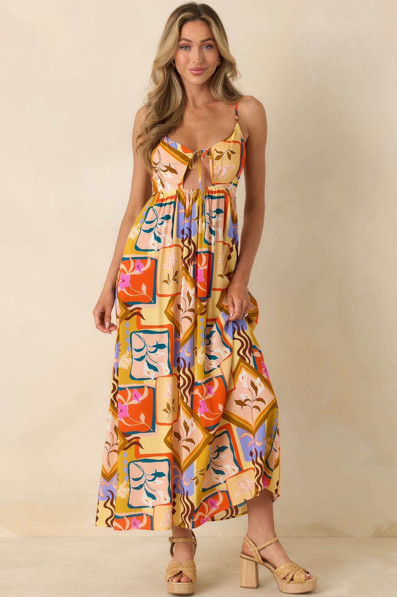 MINKPINK Rosin Yellow Multi Bold Scarf Print Cut Out Midi Dress