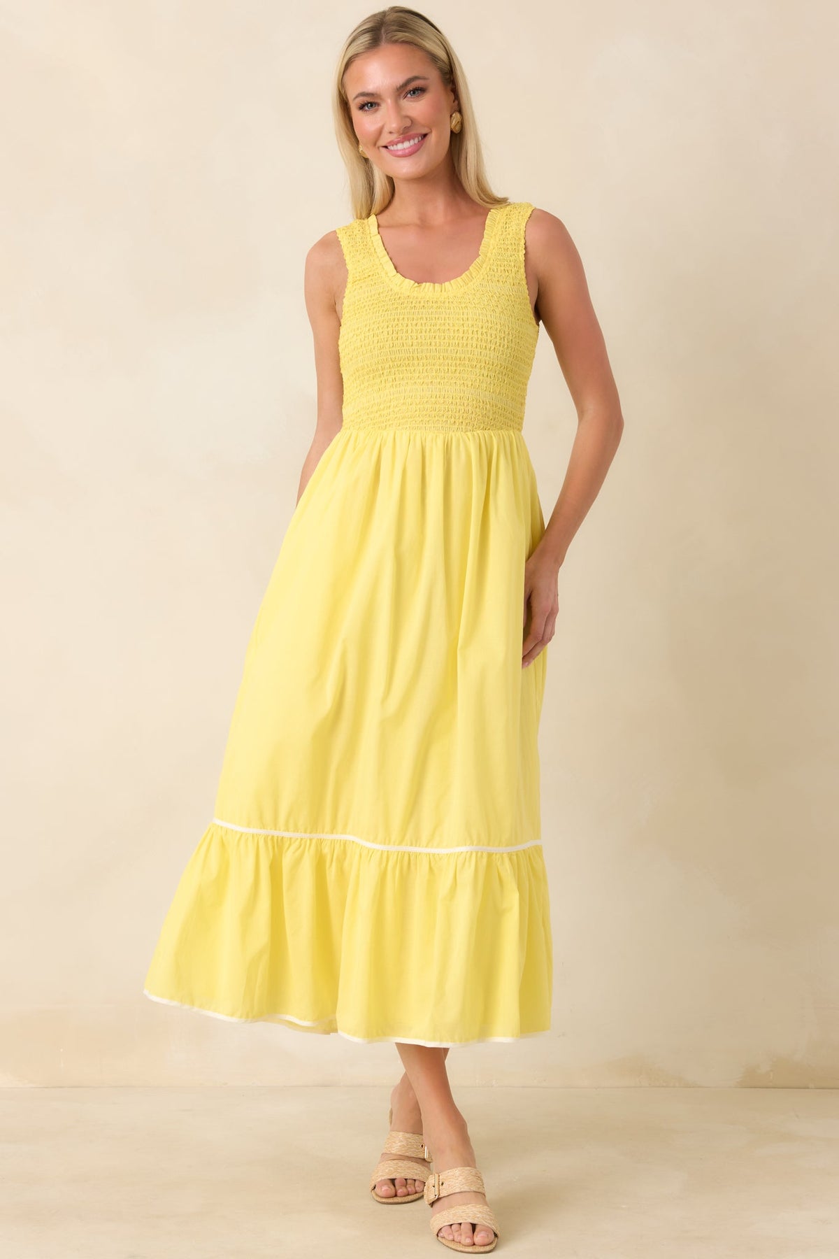 Today's the Day Yellow Textured Cotton Tiered Midi Dress