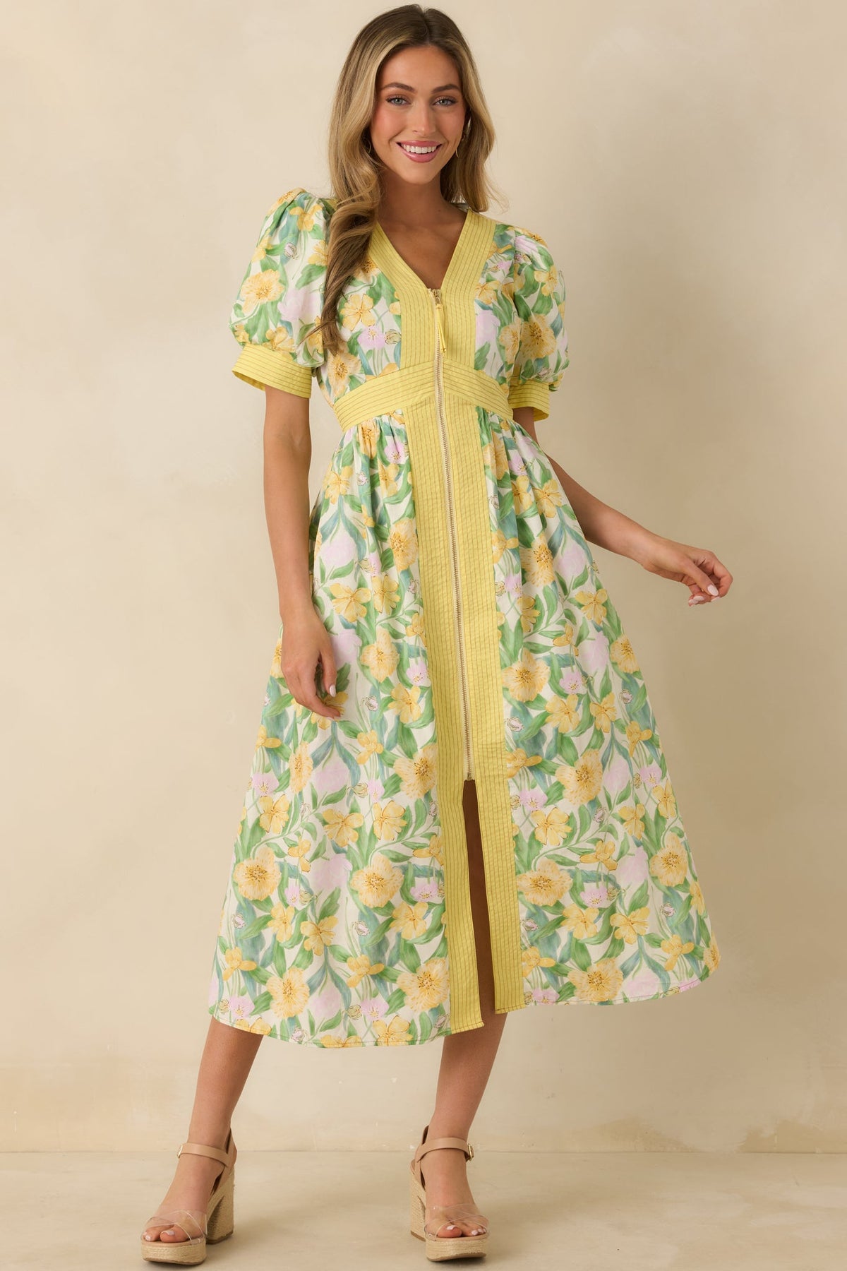 Color Me Floral Yellow Multi Floral Print Cotton Zip Front Midi Dress