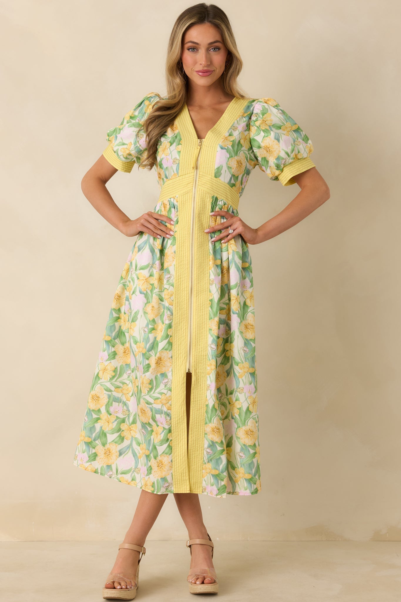 Color Me Floral Yellow Multi Floral Print Cotton Zip Front Midi Dress