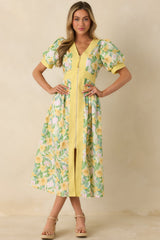Color Me Floral Yellow Multi Floral Print Cotton Zip Front Midi Dress