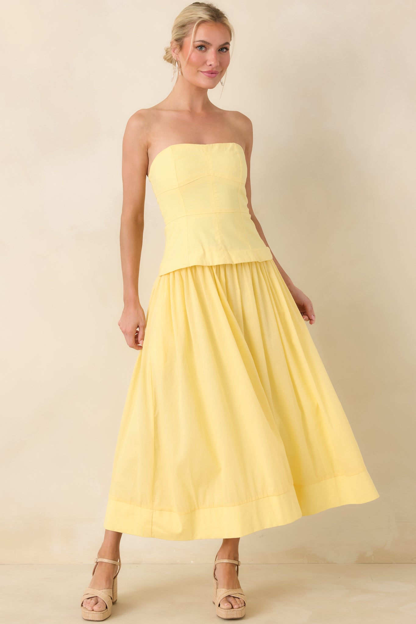 You Already Know Yellow Cotton Bustier Bodice Strapless Midi Dress