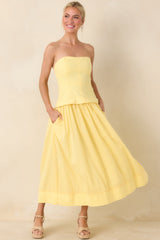 You Already Know Yellow Cotton Bustier Bodice Strapless Midi Dress
