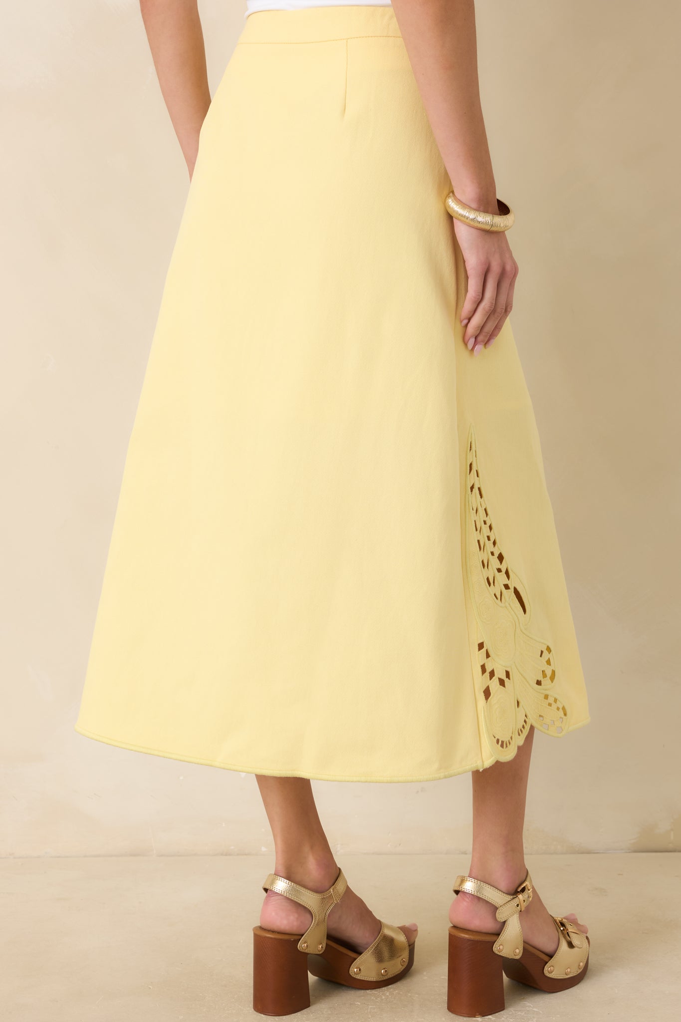 Just Imagine Yellow Cotton Cutwork Embroidery Midi Skirt