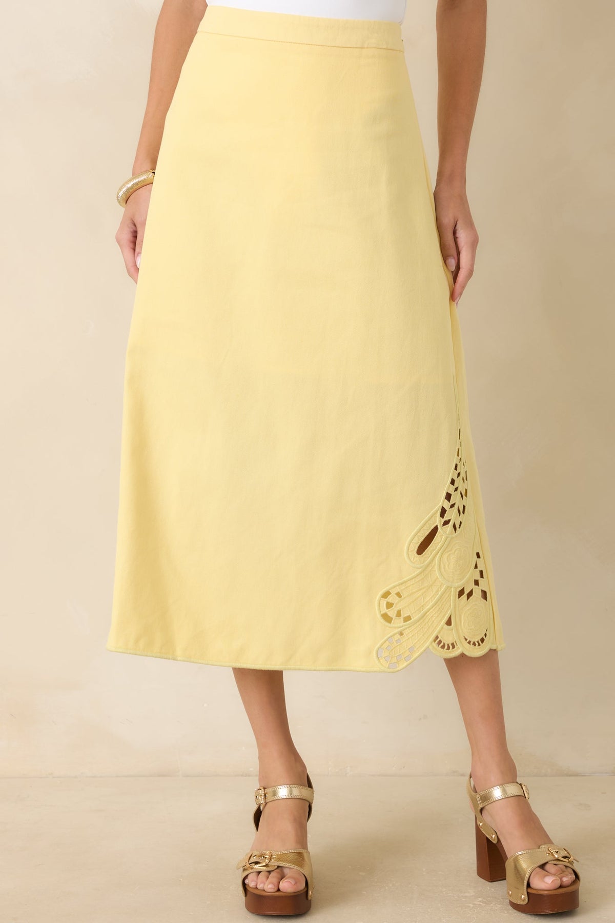 Just Imagine Yellow Cotton Cutwork Embroidery Midi Skirt