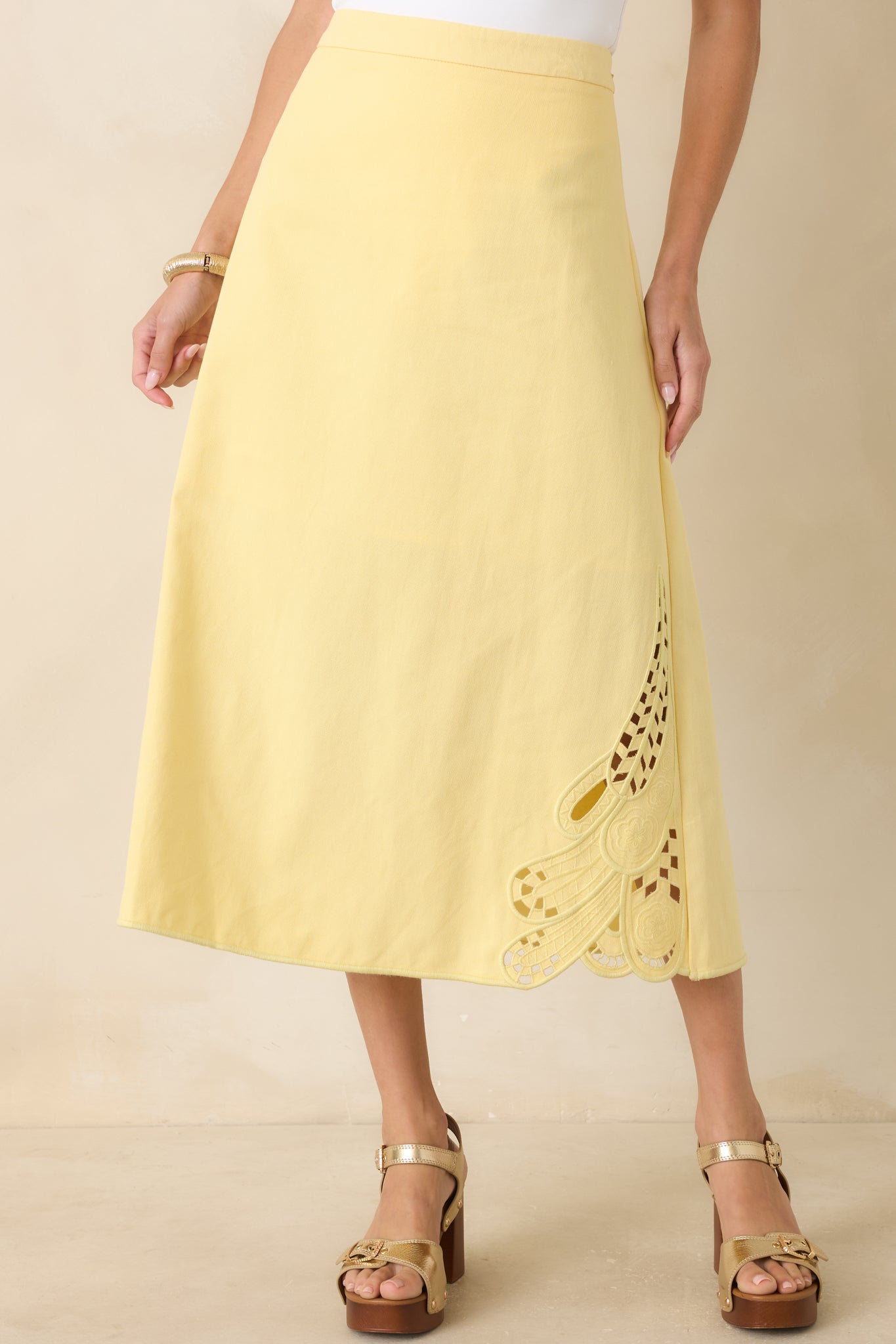 Just Imagine Yellow Cotton Cutwork Embroidery Midi Skirt