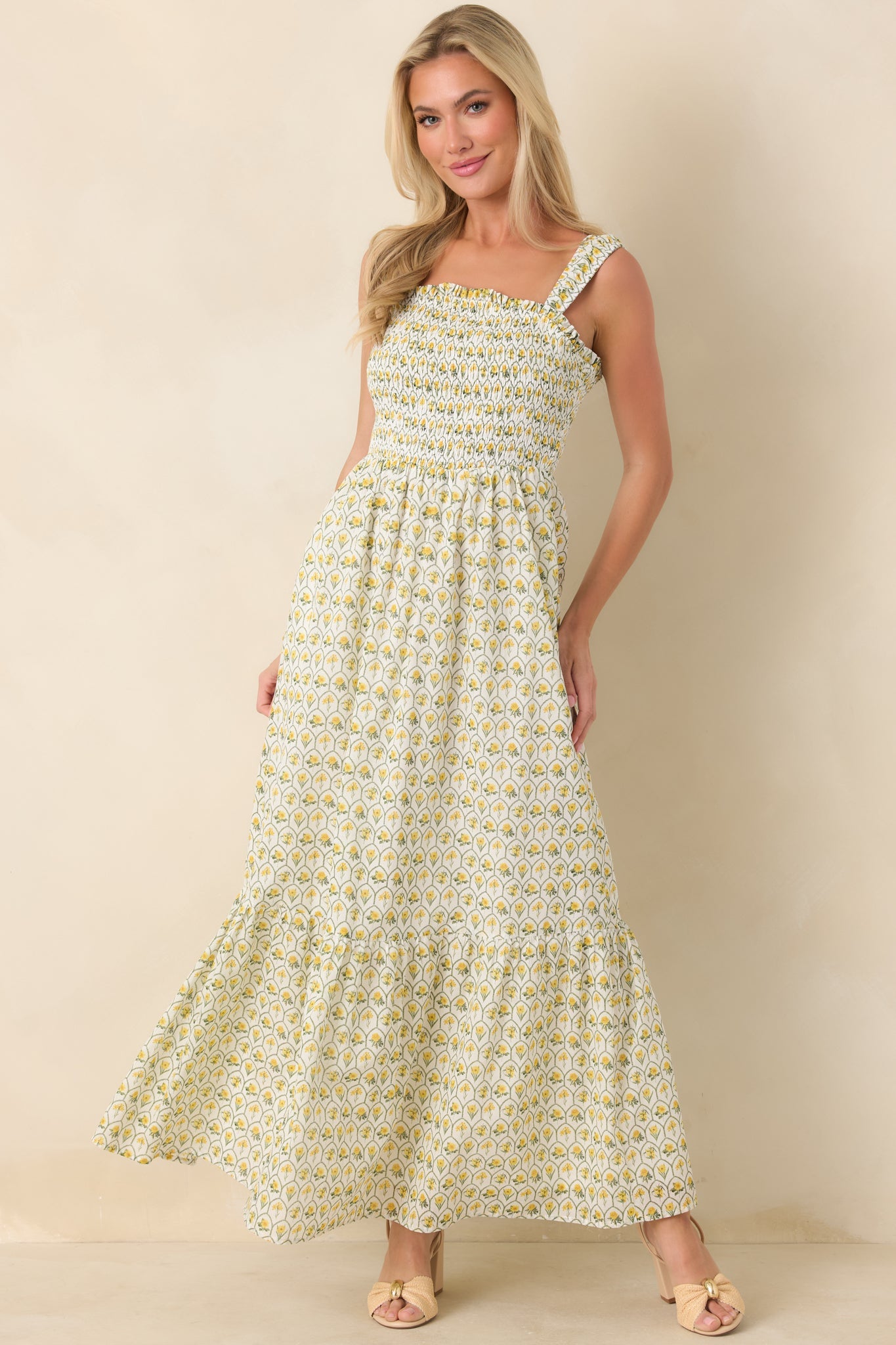 Pretty Unbothered Yellow Multi Floral Cotton Tiered Maxi Dress