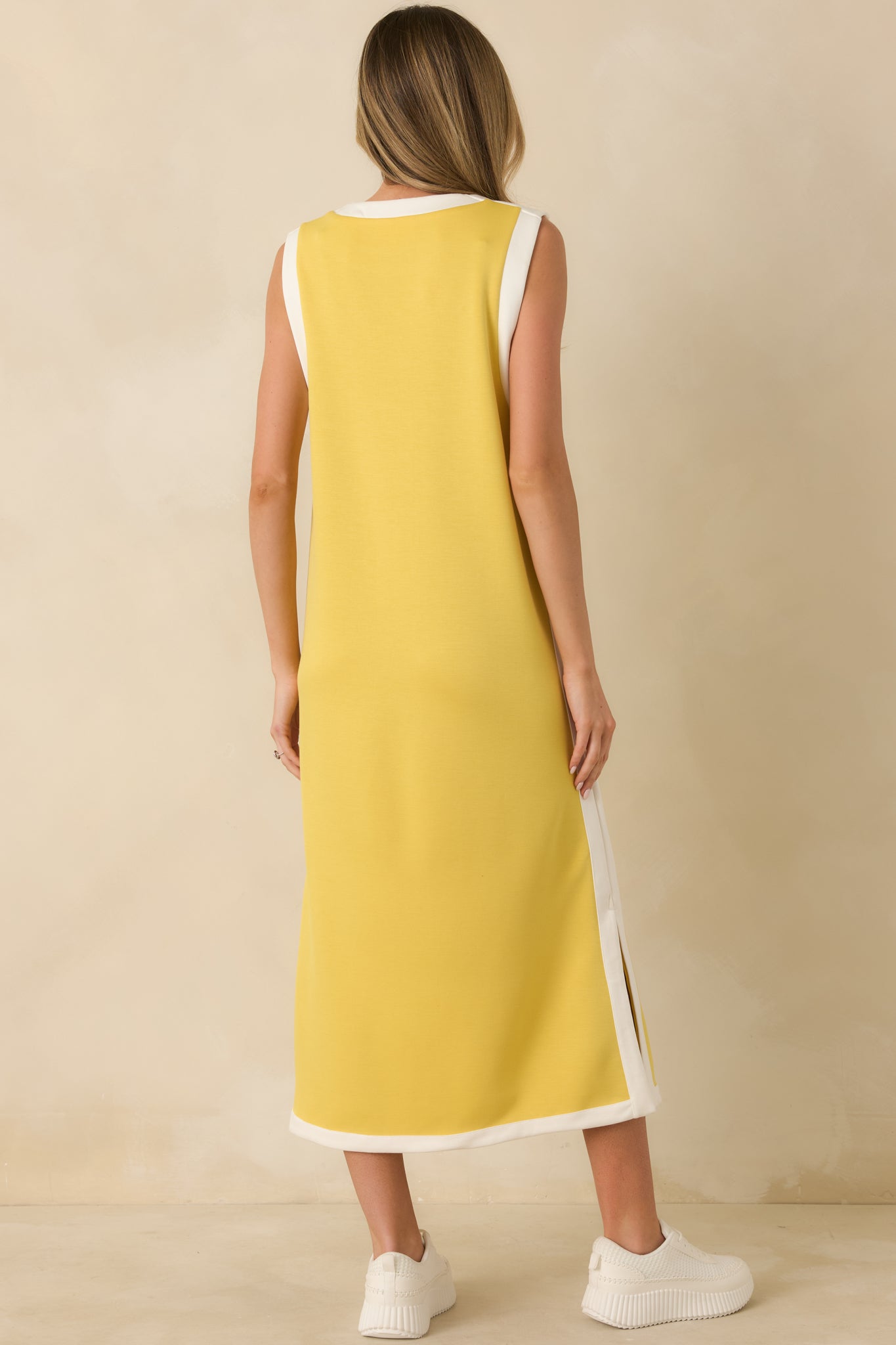 Perfectly Framed Yellow Jersey Knit Contrast Trim Sleeveless Maxi Dress