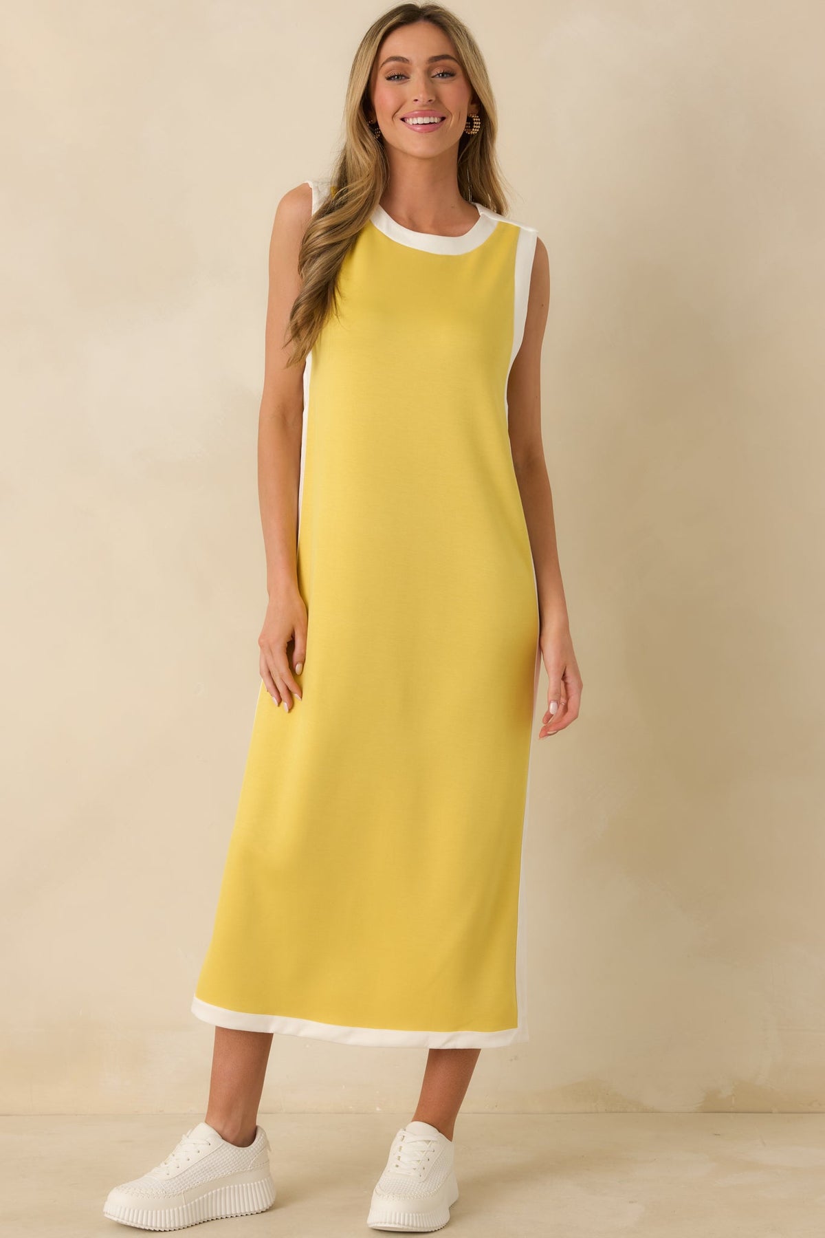 Perfectly Framed Yellow Jersey Knit Contrast Trim Sleeveless Maxi Dress