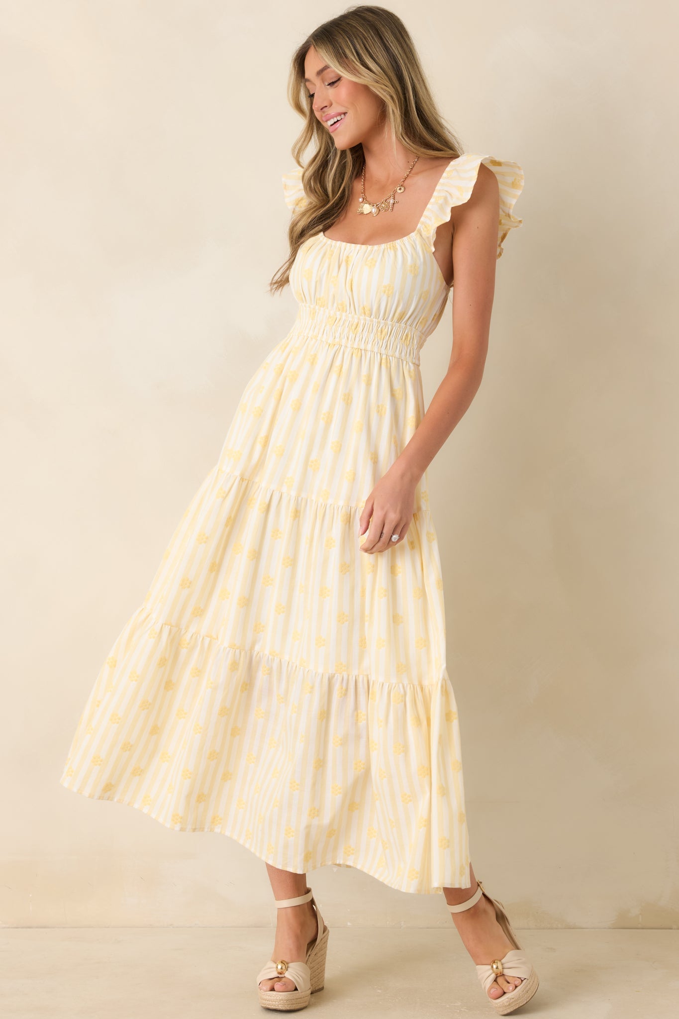 Meadow Mornings Yellow Stripe Floral Embroidered Cotton Maxi Dress