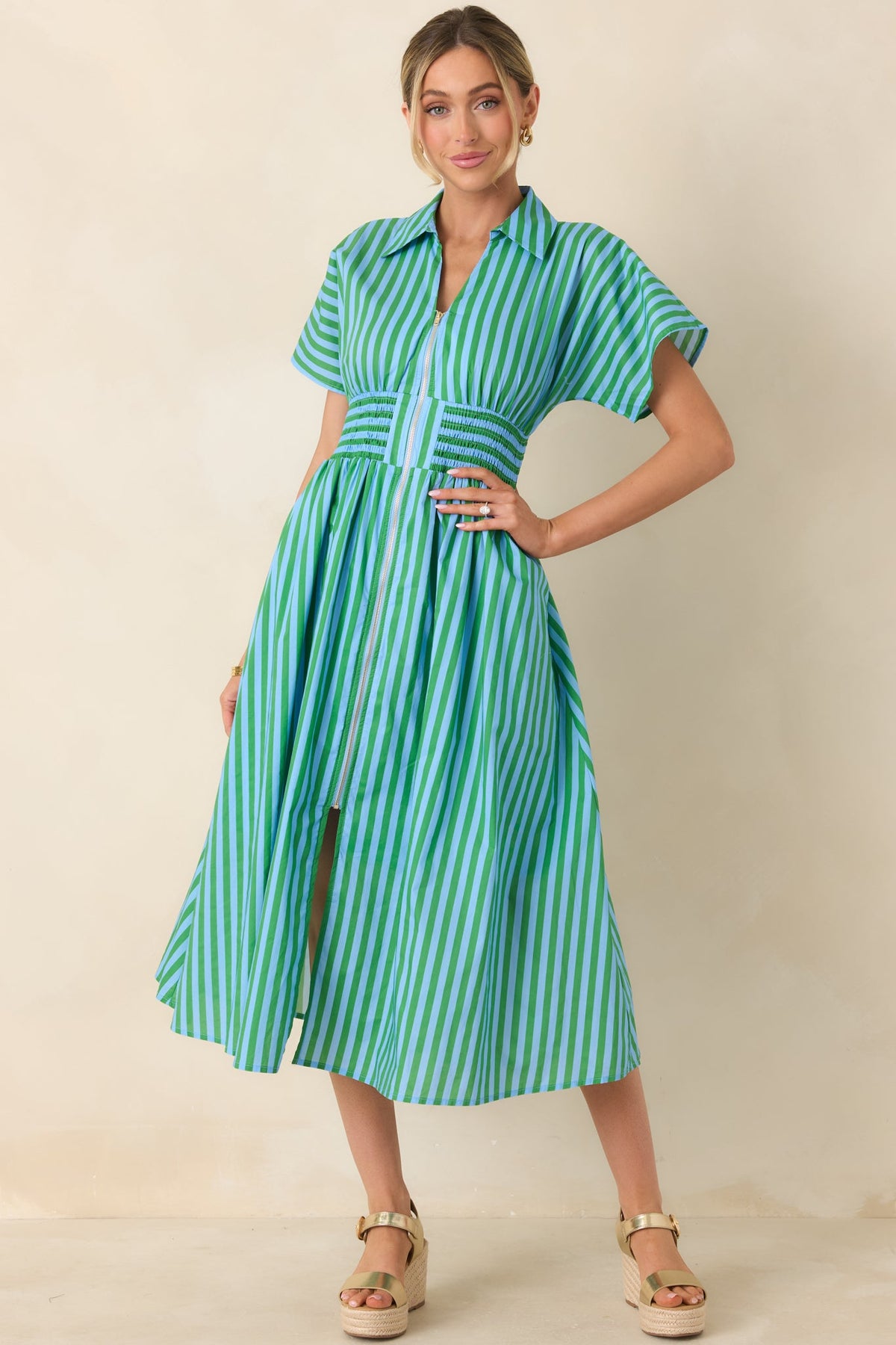 Put It in Motion Light Blue & Green Stripe Cotton Midi Dress