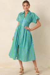 Put It in Motion Light Blue & Green Stripe Cotton Midi Dress